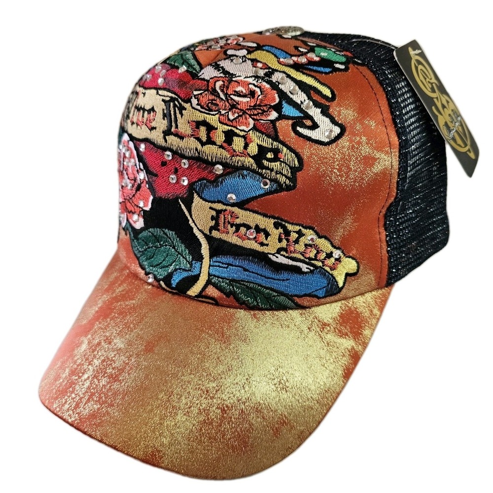 Stephanie Simon Embroidered Rhinestone‎ Womens Trucker Hat Love Roses Mesh Multi